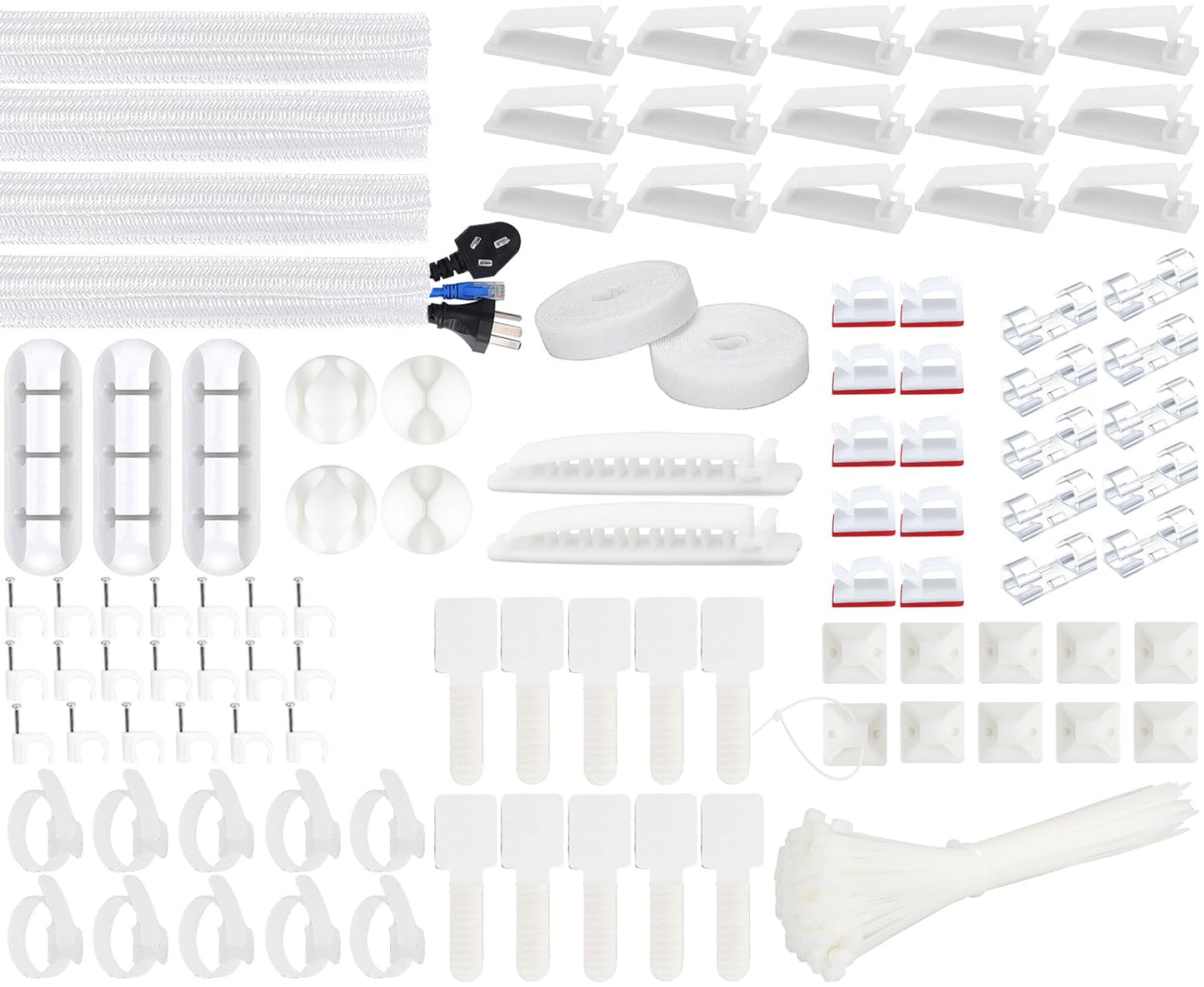 SOULWIT 200PCS Cable Management Kit,4 Cable Sleeves,37 Cable Clips,7 Cable Holders,10 Zip Tie Mounts,20 Cable Clip Nails,100 Cable Fastening Ties,20+2