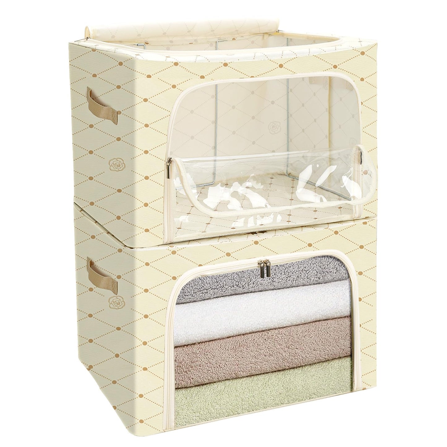 Cozary 66L Storage Box with Lid, Storage Bag for Duvets with Zips, Metal Frame, Sturdy Foldable Clothes Storage Box for Clothes