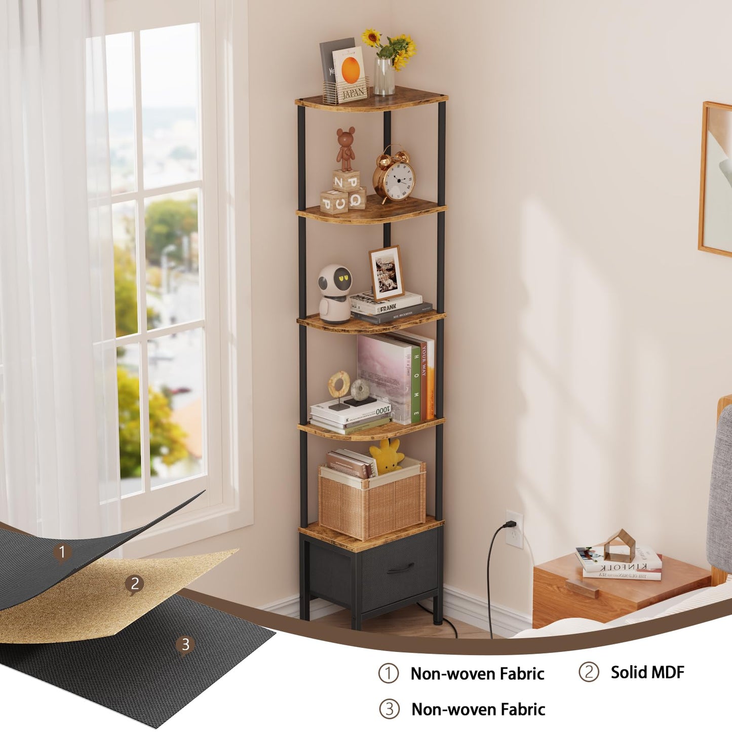 OYRREU 5-Tier Corner Shelf with LED Light & Fabric Drawer, Retro Brown