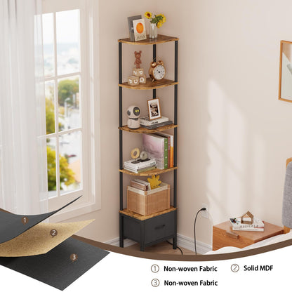 OYRREU 5-Tier Corner Shelf with LED Light & Fabric Drawer, Retro Brown