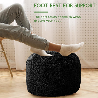 HIGOGOGO Faux Fur Beanbags Round Footstool Bean Bag Pouf with Foam Chunk Filling, 50 x 35 cm Floor Poufs Foot Rest for Living Room, Black