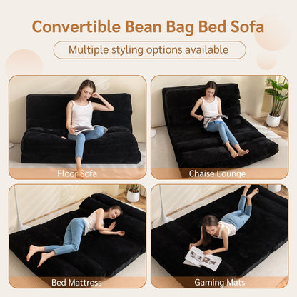 MAXYOYO Bean Bag Bed Folding Sofa Bed Mattress for Adults, Extra Thick 6 Fold Floor Couch for Bedroom Living Room, Black, 75x240 cm