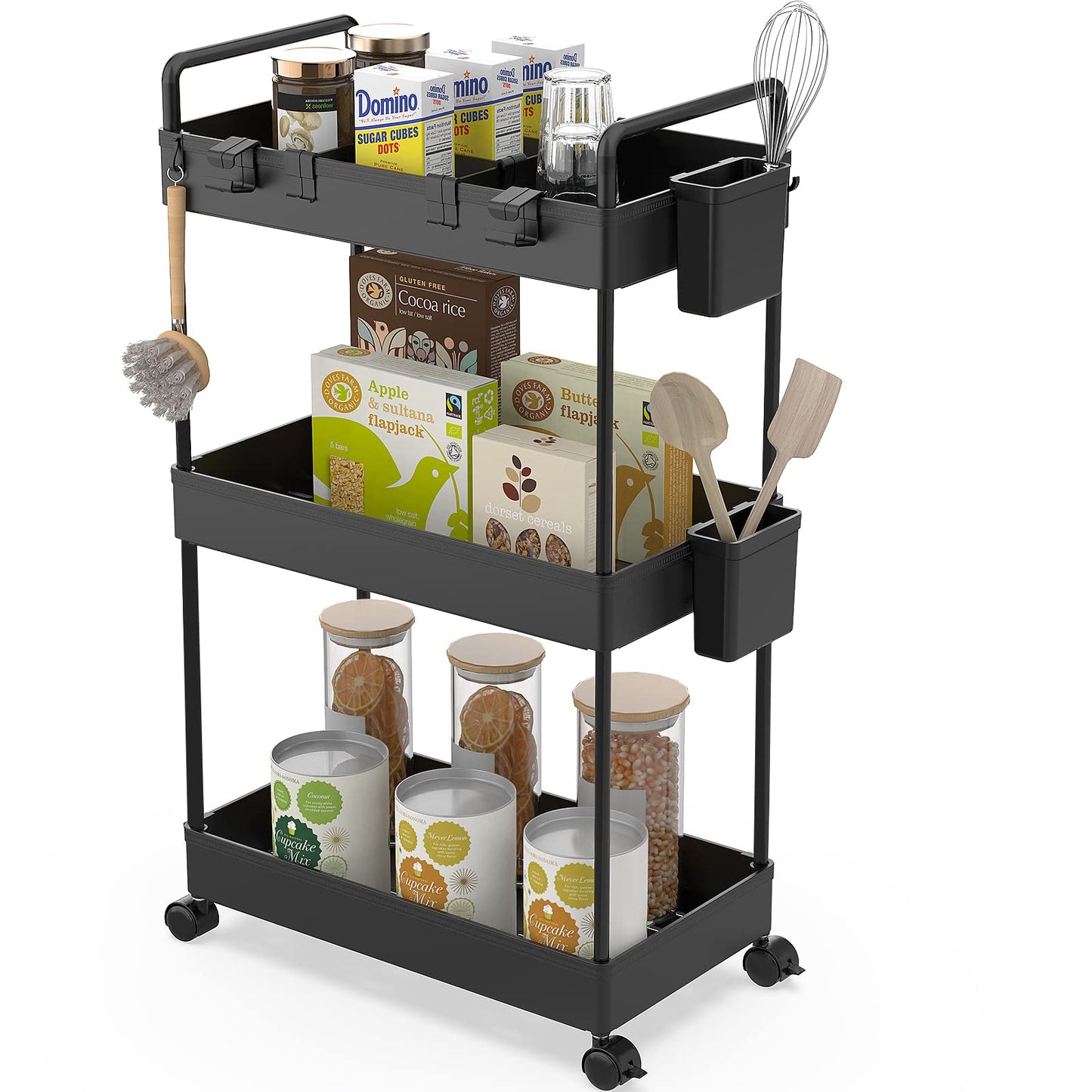 Ronlap Slim Storage Trolley, 3 Tier Rolling Cart Storage Organizer, Utility Rolling Cart with Handle Hanging Cups Dividers for Office Bathroom