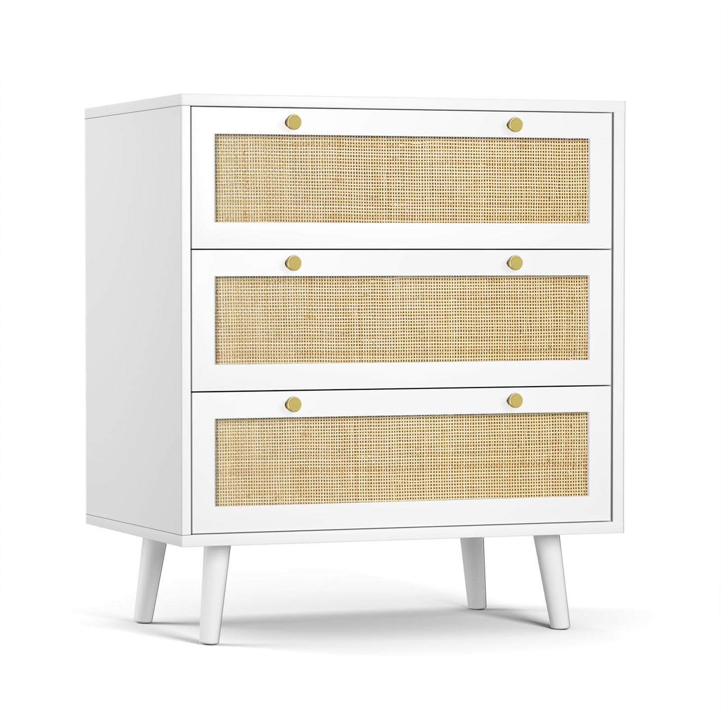 Skokliz White Chest of Drawers for Bedroom, Rattan 3 Drawer Storage Organiser Unit with Spacious Storage Cabinet Nursery Furniture, Living Room