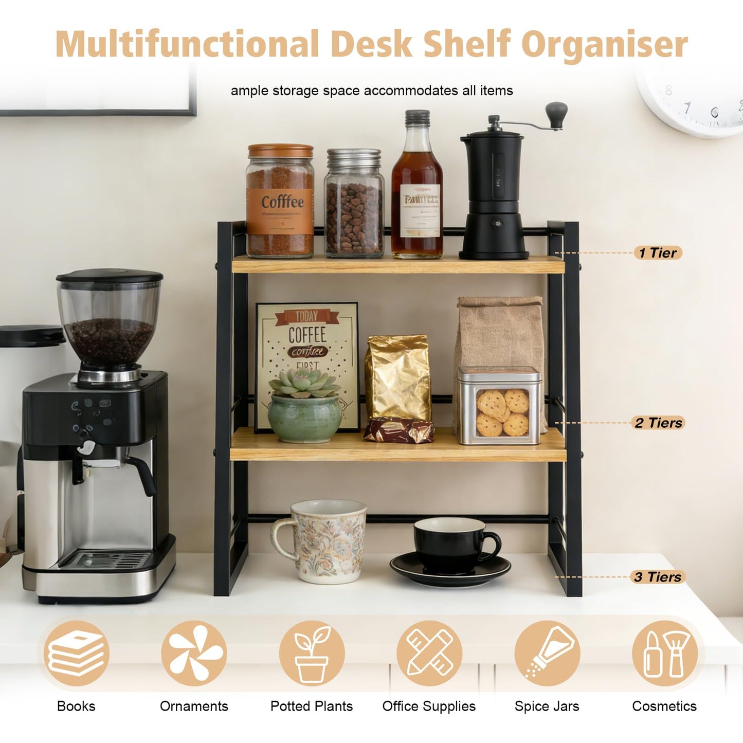 SunshineFace 2-Tier Desk Shelf Organizer, Small Bookcase for Desktop Storage, Wooden Bookshelf with Metal Frame for Office Supplies, Books
