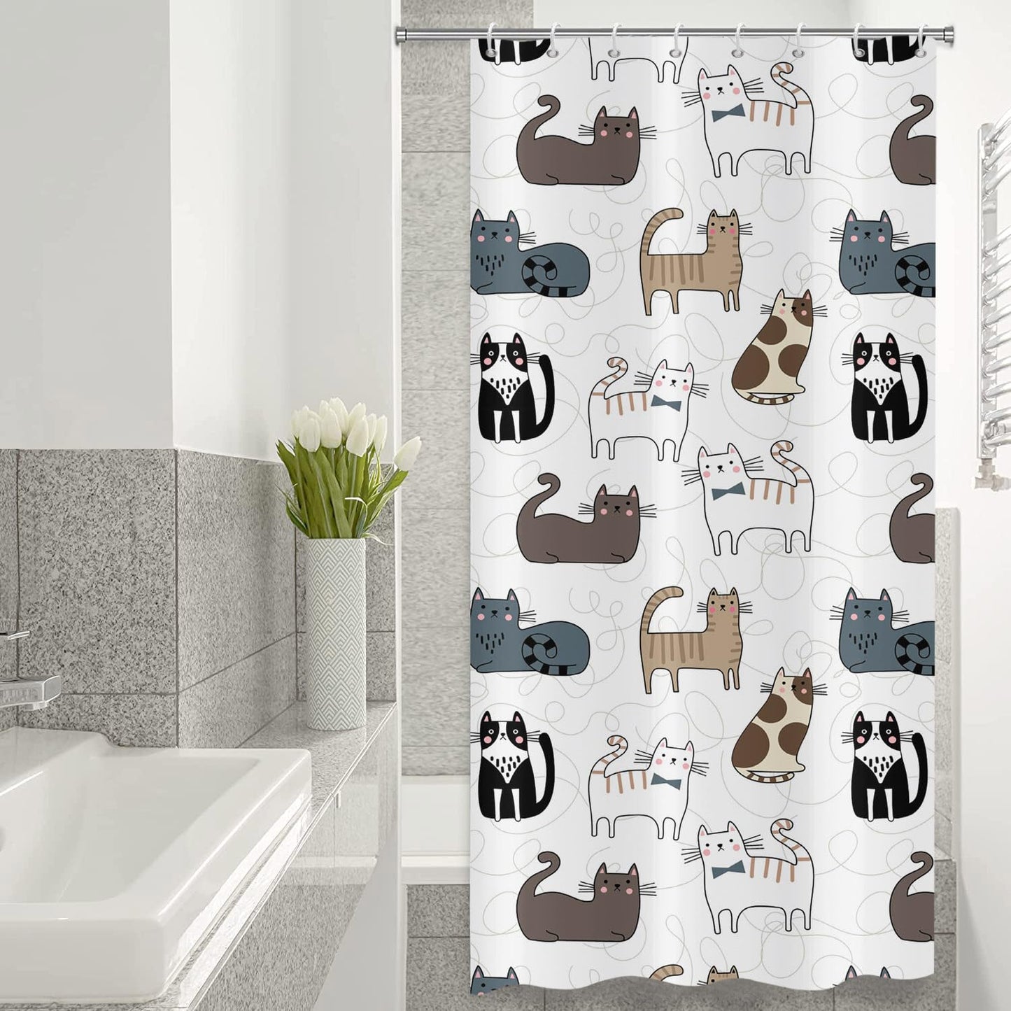 ASDCXZ Narrow Shower Curtain 120x180 cm, Cute Cartoon Cat Kids White Bath Washable Shower Curtains with eyelets Polyester Textile Waterproof Shower