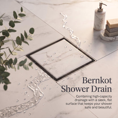 Bernkot Floor Drain Shower Stainless Steel 15 x 15 cm Shower Drain Square with 360° Siphon Odour Stop and Hair Filter 2 in 1