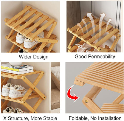Kiss Me Bamboo Folding 3-Tier Narrow Shoe Rack No Installation Indoor Brown