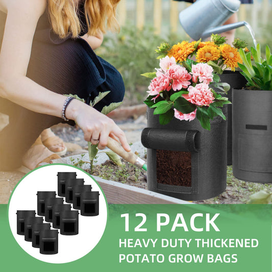 LITLANDSTAR 12 Pack 10 Gallon Potato Grow Bags, Heavy Duty Nonwoven Fabric Garden Planting Bag Plant Container with Flap and Handles, Aeration Fabric