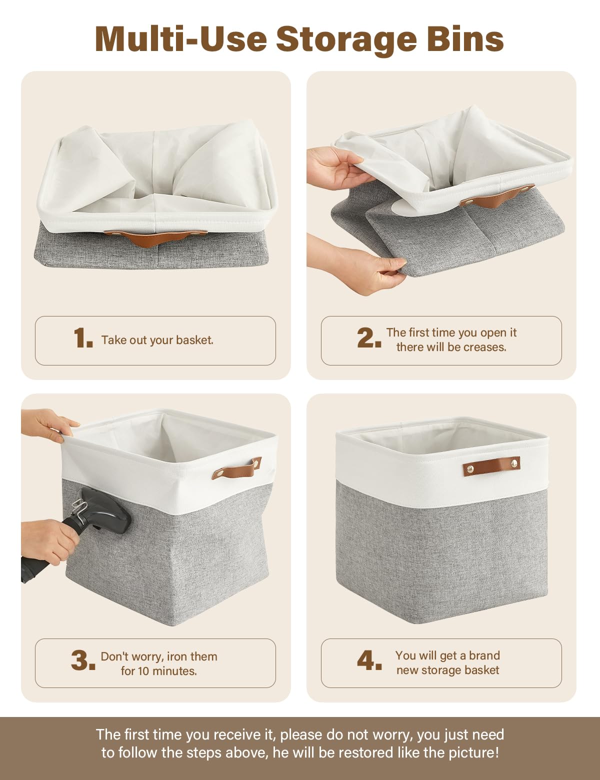 Bagnizer 4PCS Foldable Storage Baskets for Shelves Closet Fabric Cube 33CM Organizer Box Bins with Handles Waterproof Canvas Box for Clothes
