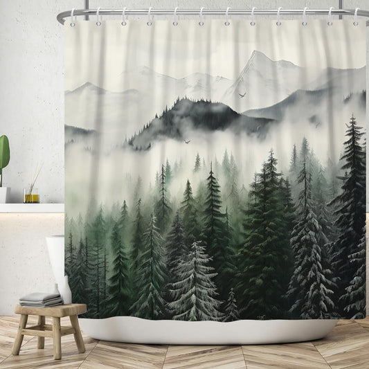 ASDCXZ Forest Shower Curtain 180x180 cm, Natural Landscape Green Fog Forest Jungle Snowberg Birds Bath Washable Shower Curtains Polyester Textile
