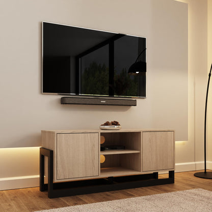 GFW Taite Oak 2 Door TV Unit, Modern TV Cabinet with Storage, Open Media Shelves and Black Metal Frame for TVs up to 50 Inches