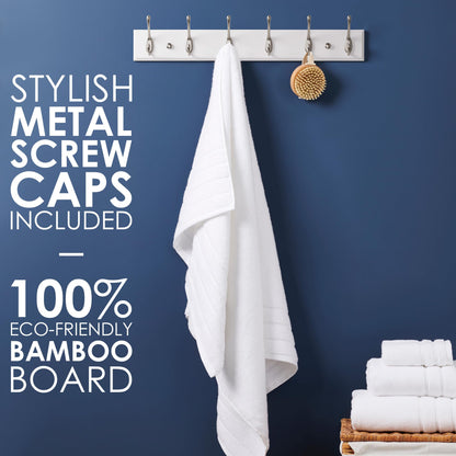LARHN White Wall-Mounted Coat Rack - 6 Matt-Nickel Coat Hooks, 59cm