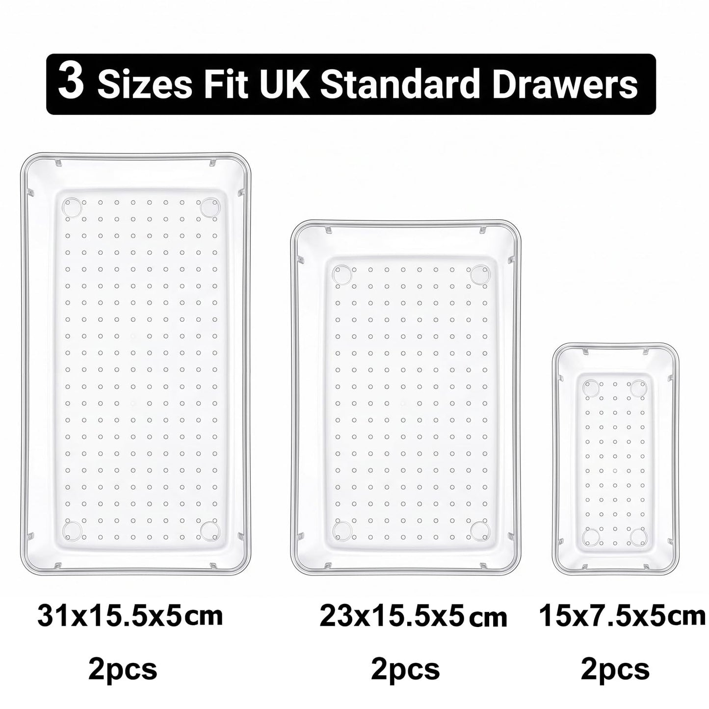 6 Pcs Clear Drawer Organiser Trays, Versatile Acrylic Drawer Dividers & Storage Bins, Non-Slip Makeup Organiser