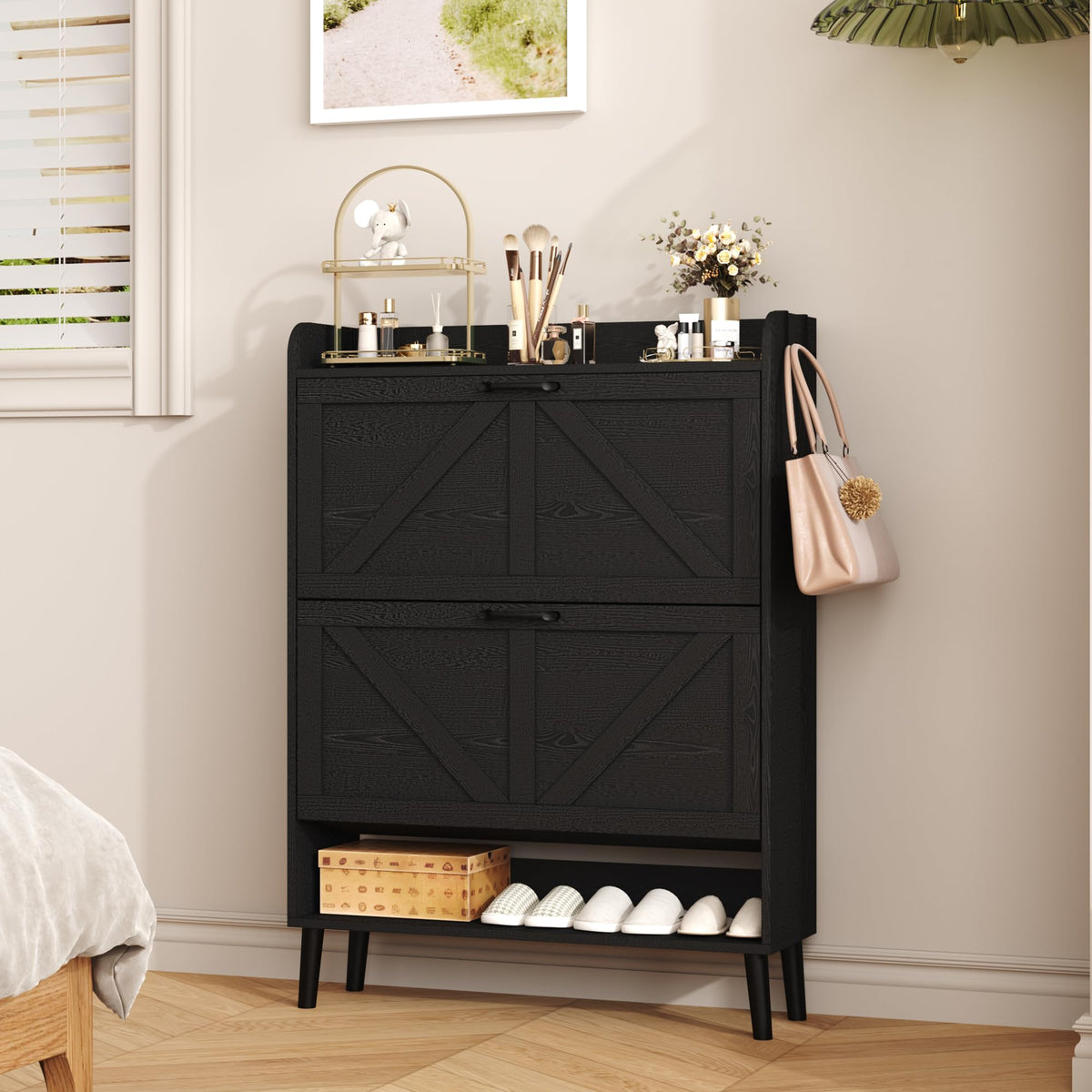 HOME BI Farmhouse Shoe Cabinet with Two Flip Drawers,3-Tier Shoe Storage Organizer with Open Shelf & Top Display,Freestanding Narrow Hidden Shoe Rack