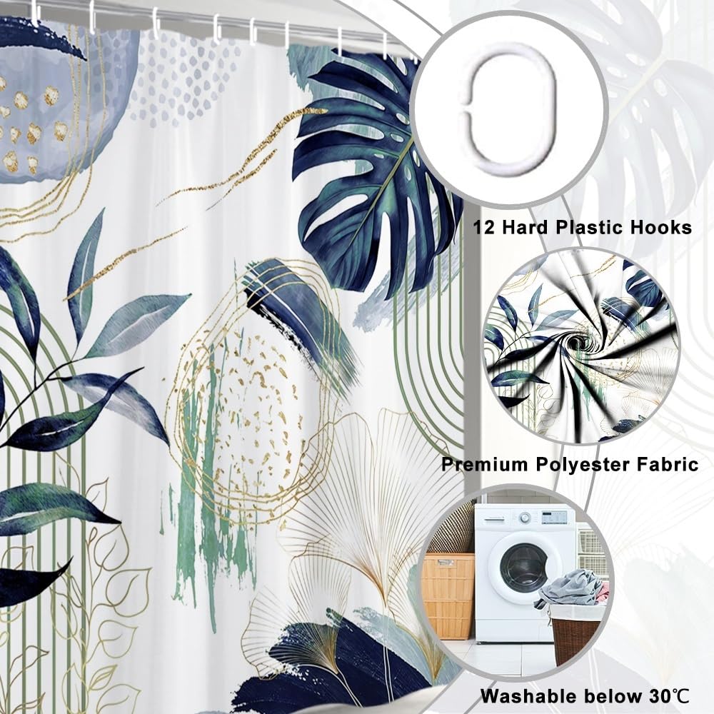 Uiiooazy Anti-Mould Shower Curtain, 180 x 220 cm, Navy Blue, Tropical Palm Leaves, Jungle Boho Bath Curtain, Washable Fabric, Waterproof