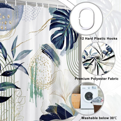 Uiiooazy Anti-Mould Shower Curtain, 180 x 220 cm, Navy Blue, Tropical Palm Leaves, Jungle Boho Bath Curtain, Washable Fabric, Waterproof