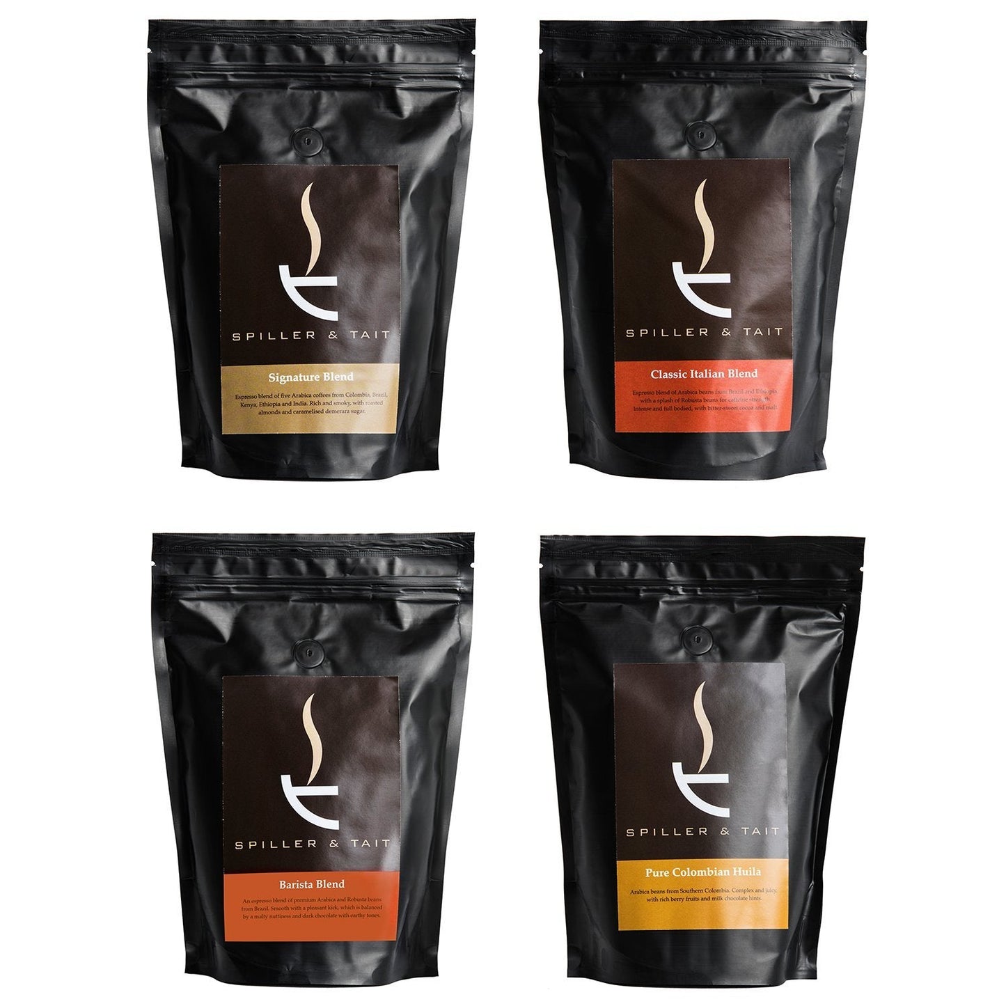 Spiller & Tait Coffee Beans Gift Set |Signature Blend, Barista Blend, Pure Colombian Huila & Classic Italian | Ground Coffee Beans | Taster Pack 4 x