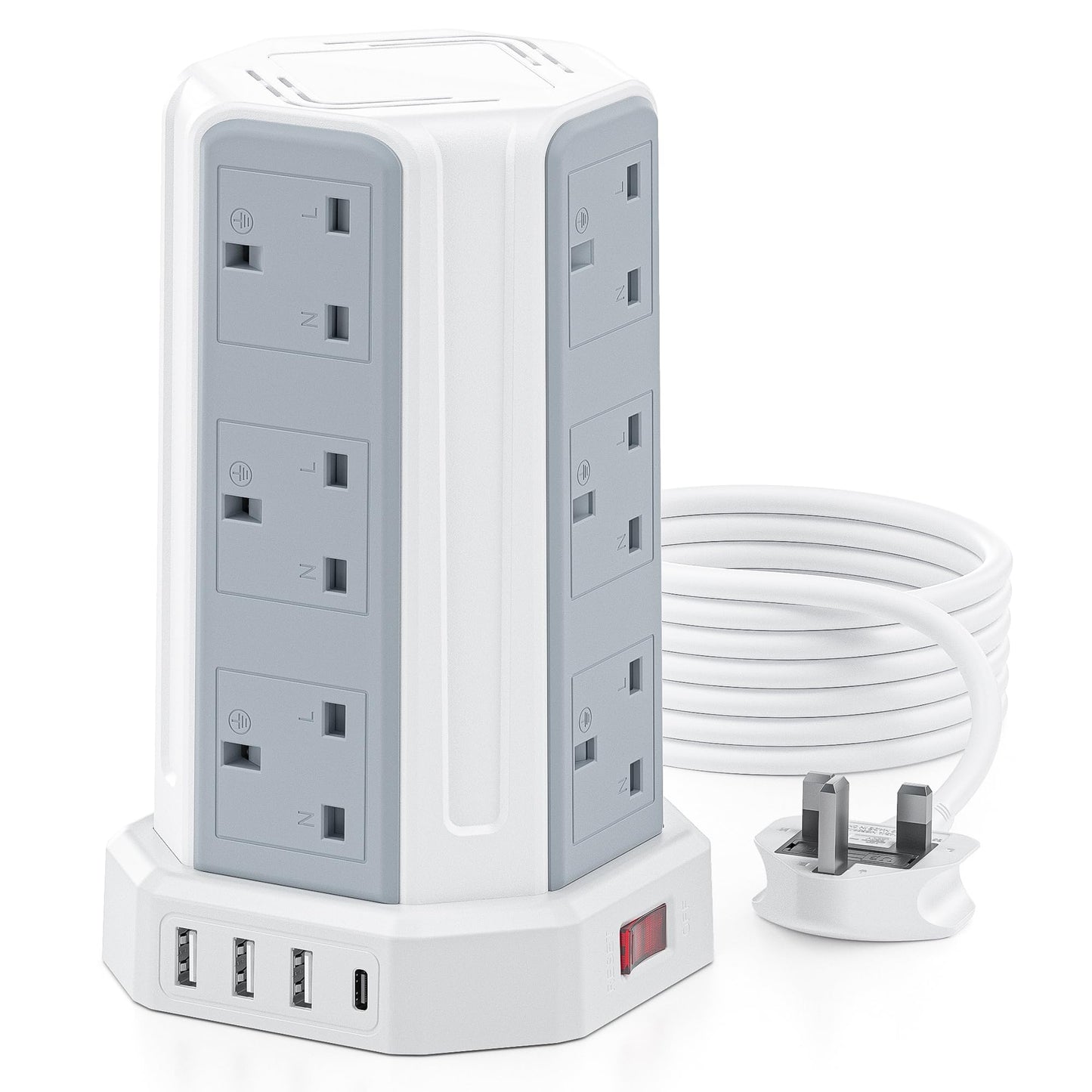 Tower Extension Lead 3M, Aodeng 12 Way Extension Tower Multi Plug Extension Sockets with 4 USB Slots, [13A 3250W] Surge Protector Extension Cable 3M