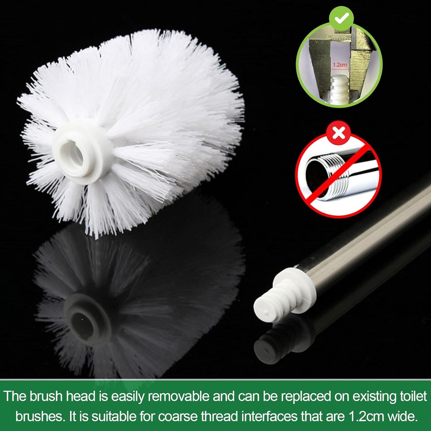 4 Pack Toilet Brush Replacement Heads White Screw On 12mm Thread Port, Antibacterial Stiff Bristles, Universal Fit for Most Toilet Brush Handles