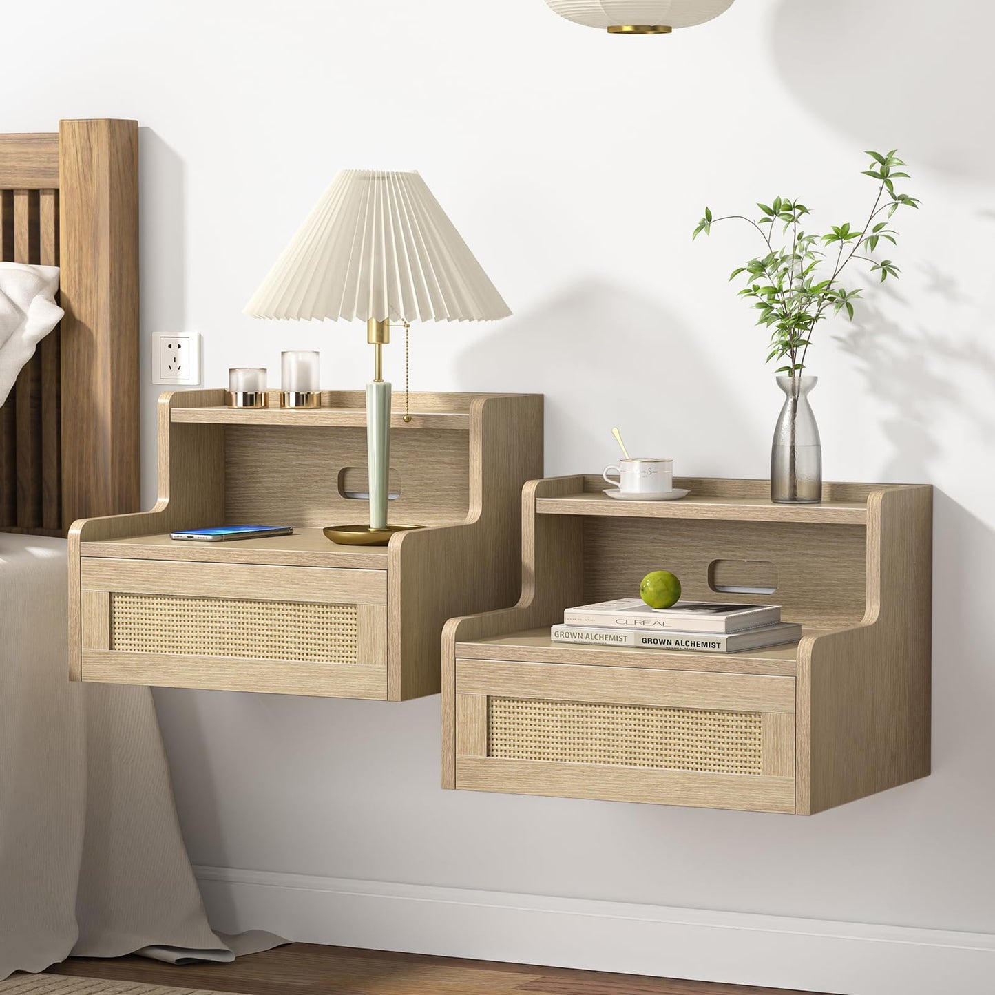 Skokliz Set of 2 Floating Bedside Tables - Wall-Mounted Nightstand with Rattan Drawer & Open Shelf, Modern Storage for Bedroom, Living Room,