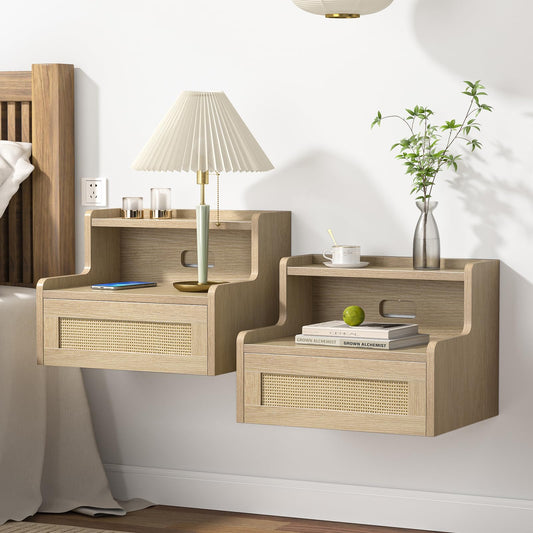 Skokliz Set of 2 Floating Bedside Tables - Wall-Mounted Nightstand with Rattan Drawer & Open Shelf, Modern Storage for Bedroom, Living Room,