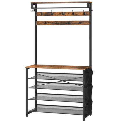 HOOBRO Coat Stand, Coat Rack with Shoe Storage, Hall Tree with Tiltable Mesh Shelves, 4 Removable Hooks, Side Storage Pocket