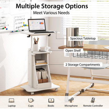 CASART Movable Laptop Table, Height Adjustable Computer Workstation with Storage Cabinet & Rolling Casters, Standing PC Desk for Home Office (White)