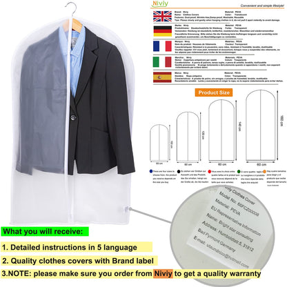 Niviy Dress Bag for Hanging Clothes, 60 x 140 cm Clear Dress Cover with Zip, Waterproof Dustproof PEVA Clothes Storage Bag for Dresses, Coats
