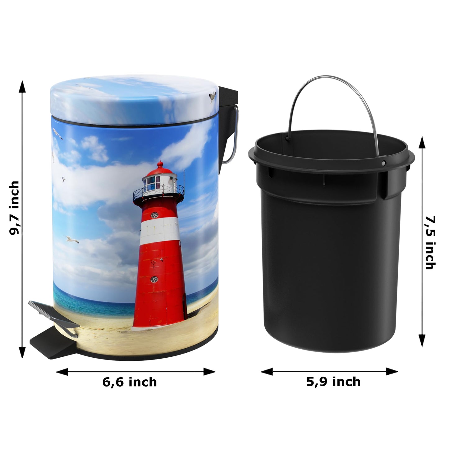 Sanilo Bathroom Bin 3L with Soft Close, Many New Cosmetic and Kitchen Waste Bins Available, Trash Can with Inner Bucket (Lighthouse)