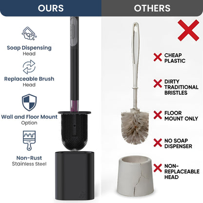 Premium Silicone Toilet Brush with Holder Good Housekeeping Approved - Stainless Steel Wall-Mounted & Free-Standing