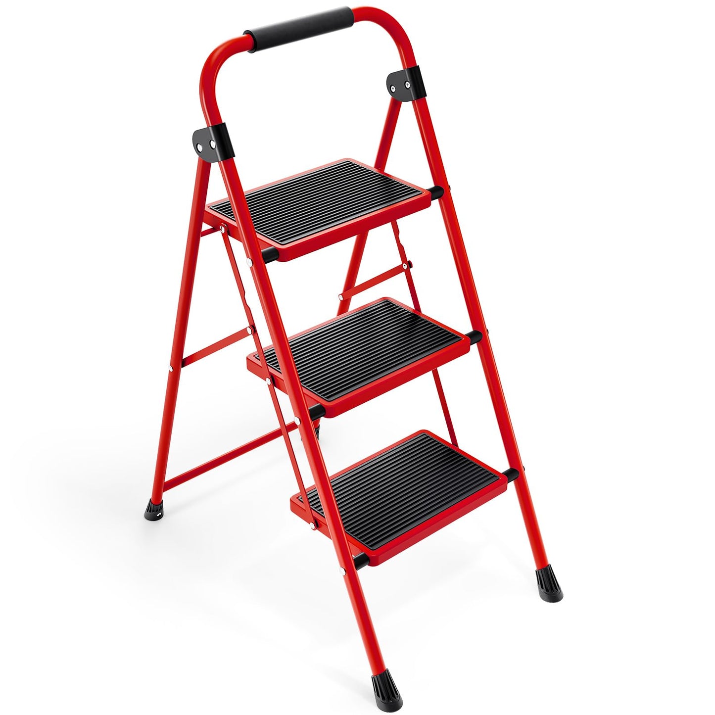 KINGRACK Folding 3-Step Ladder with Non-Slip Pedals, Sturdy Steel, Lightweight & Portable, Red