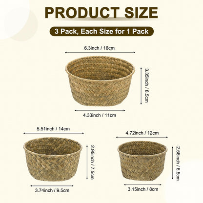 M METERXITY 3-Pack Natural Seagrass Woven Storage Basket, Small Round Storage Seaweed Woven Sundries Baskets for Fruit/Kitchen/Desktop/Household