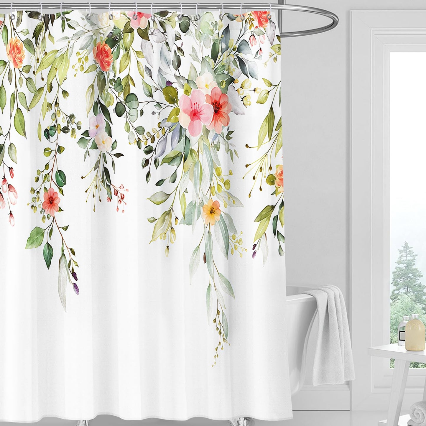FAVORTALK Shower Curtain White Mould Proof Resistant Waterproof Floral Bathroom Curtains with 12 hooks Quick-Drying Weighted 180x180cm