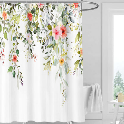 FAVORTALK Shower Curtain White Mould Proof Resistant Waterproof Floral Bathroom Curtains with 12 hooks Quick-Drying Weighted 180x180cm