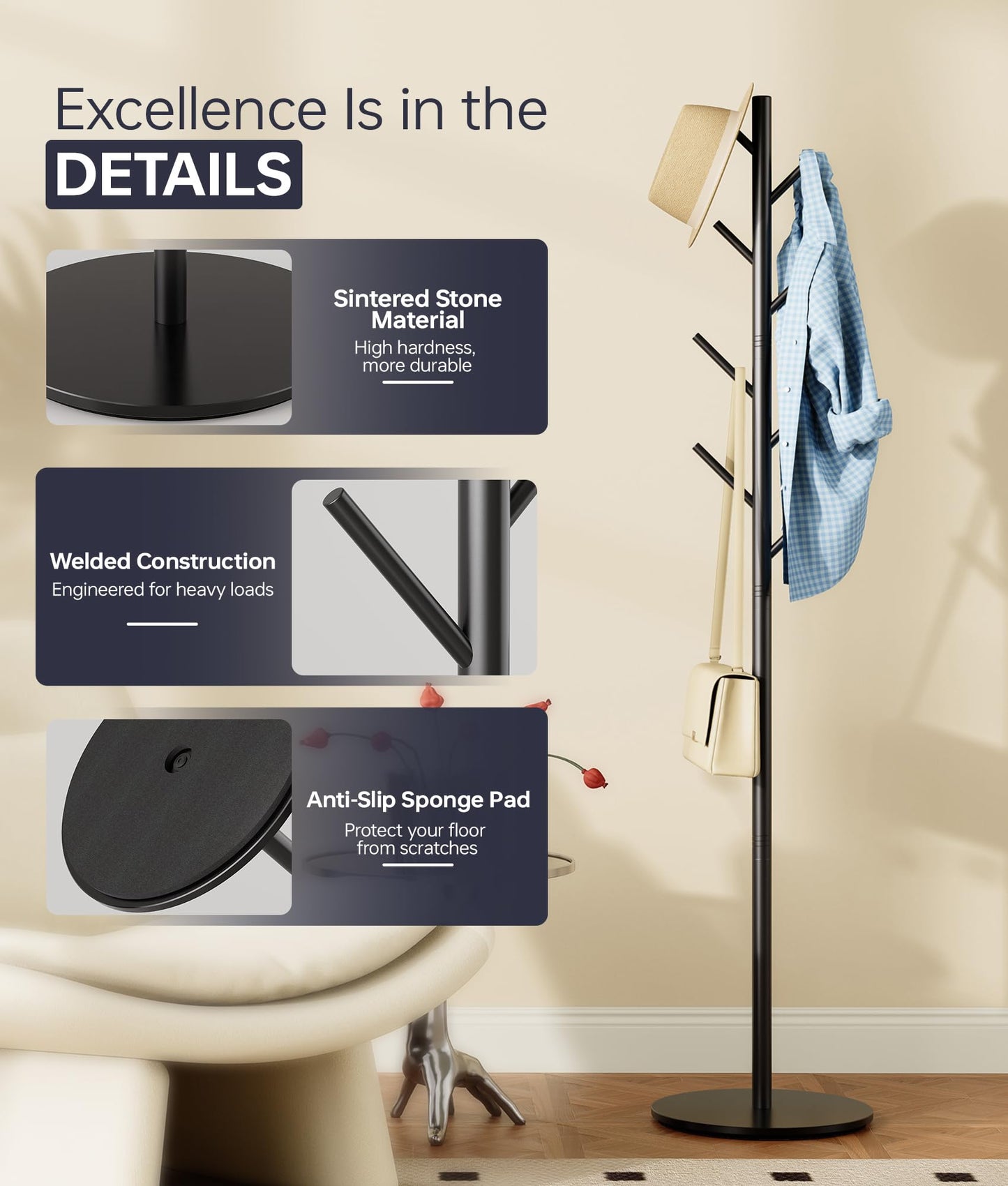 Tujurich Coat Stand with 8 Hooks, 3 Adjustable Heights, Sturdy Metal Coat Rack with Sintered Stone Base, for Hallway, Entrance or Bedroom