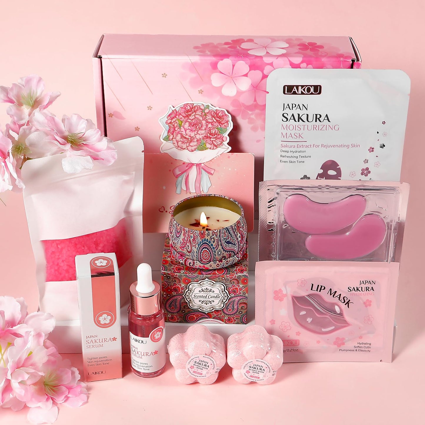 LAIKOU Sakura Pamper Gifts for Women, 8PCS Luxury Skincare Set, Face Serum, Masks, Scented Candle, Bath Bomb & Salt, Unique Self Care Package, Mothers