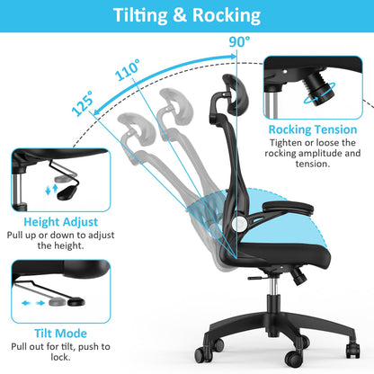 Feonase Ergonomic Office Chair with Adjustable Headrest and Lumbar Support, Mesh Back, Flip-up Armrests and Rocking Function