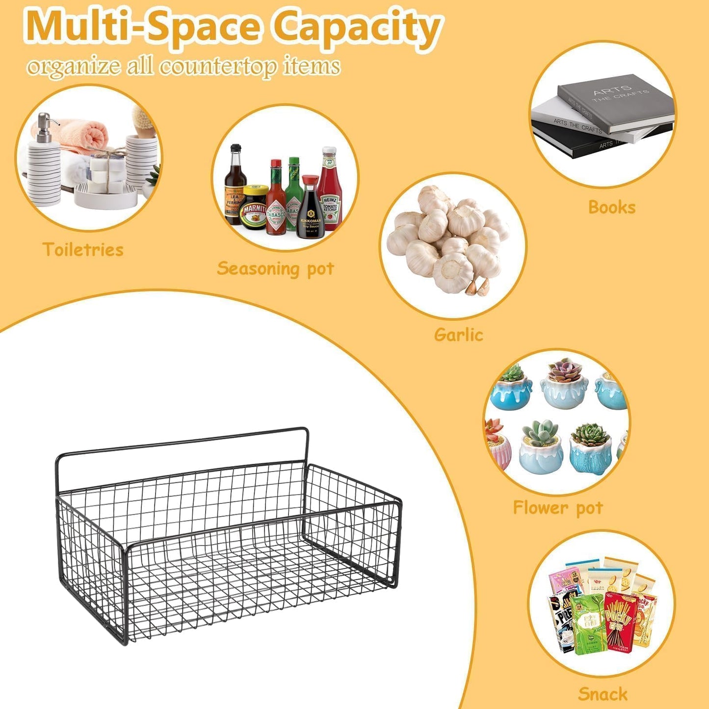 Punorric 2 Pack Snack Storage, Black Metal Wall Storage Baskets with 8 Hooks, No-Drill Snack Organiser for Snacks Cans Bars Chips Candy