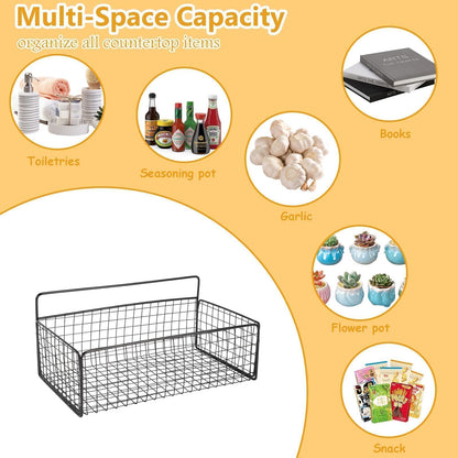 Punorric 2 Pack Snack Storage, Black Metal Wall Storage Baskets with 8 Hooks, No-Drill Snack Organiser for Snacks Cans Bars Chips Candy
