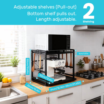 SnagShill 2-Tier Microwave Rack - Height Adjustable & Extendable Kitchen Shelf with Drawer - Includes Hooks & Reinforcement Suction Cups
