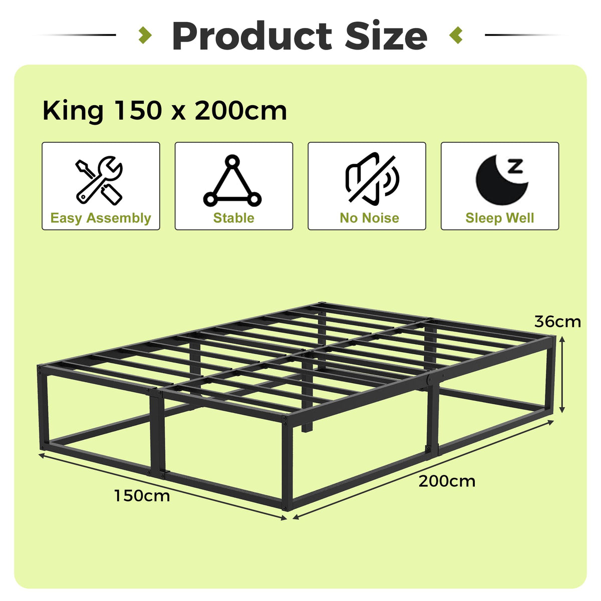 EMODA King Size Bed Frame 36cm High with Steel Slats Support, Black