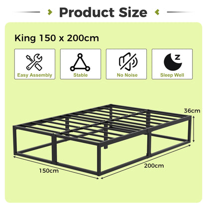 EMODA King Size Bed Frame 36cm High with Steel Slats Support, Black