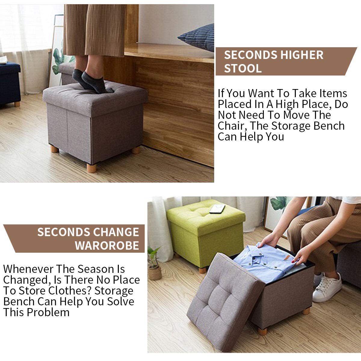 BRIAN & DANY Folding Ottoman Storage Box with Wood Legs, Linen Foot Stool, Footstool with Storage, Highly Elastic Sponge Filling, Brown, 38 x 38 x 38
