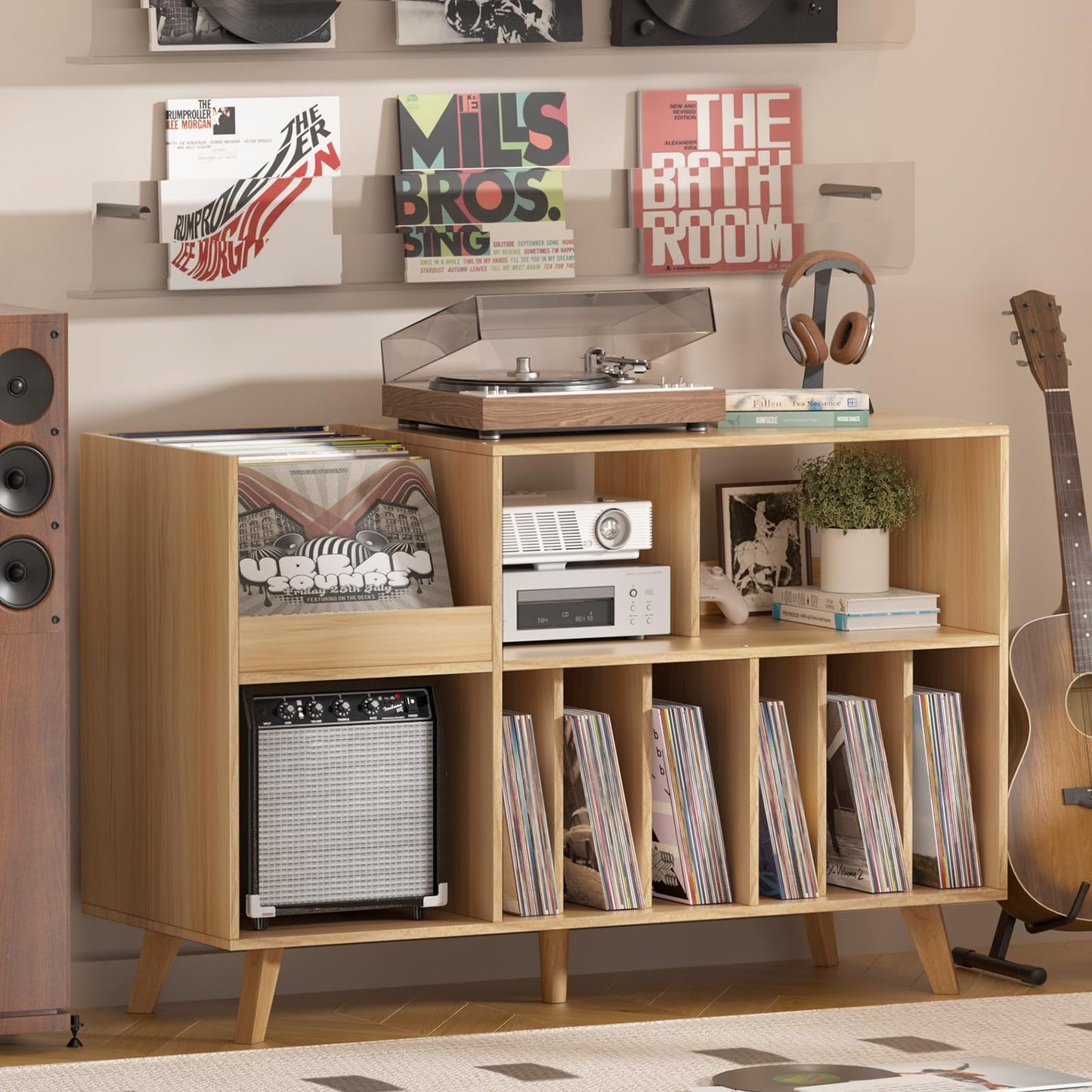 LELELINKY Large Record Player Stand, Turntable Stand with Storage, Vinyl Holder with Display Area, Record Player Table Holds Up to 450 Albums