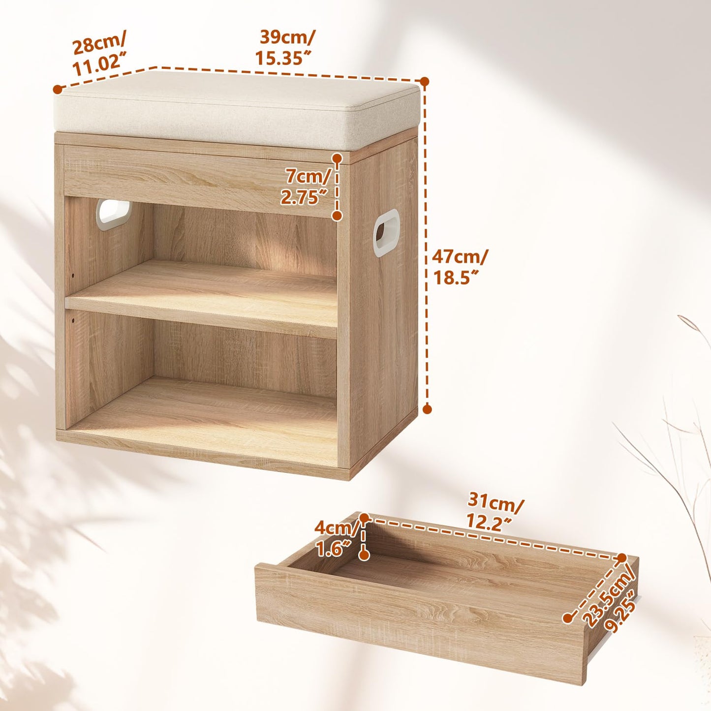 YMYNY Small Shoe Storage Bench with Cushion & Drawer, Light Natural HSC002R