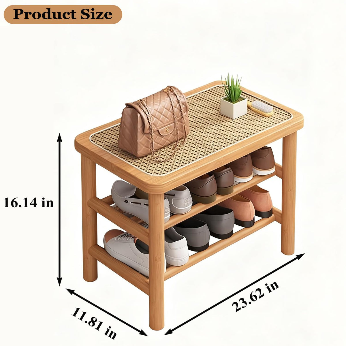SOBIBO Bamboo Shoe Rack Bench with Rattan Seat, 3-Tier Shoe Storage Bench, Entryway Bench for Hallway Nature-23.62 inches