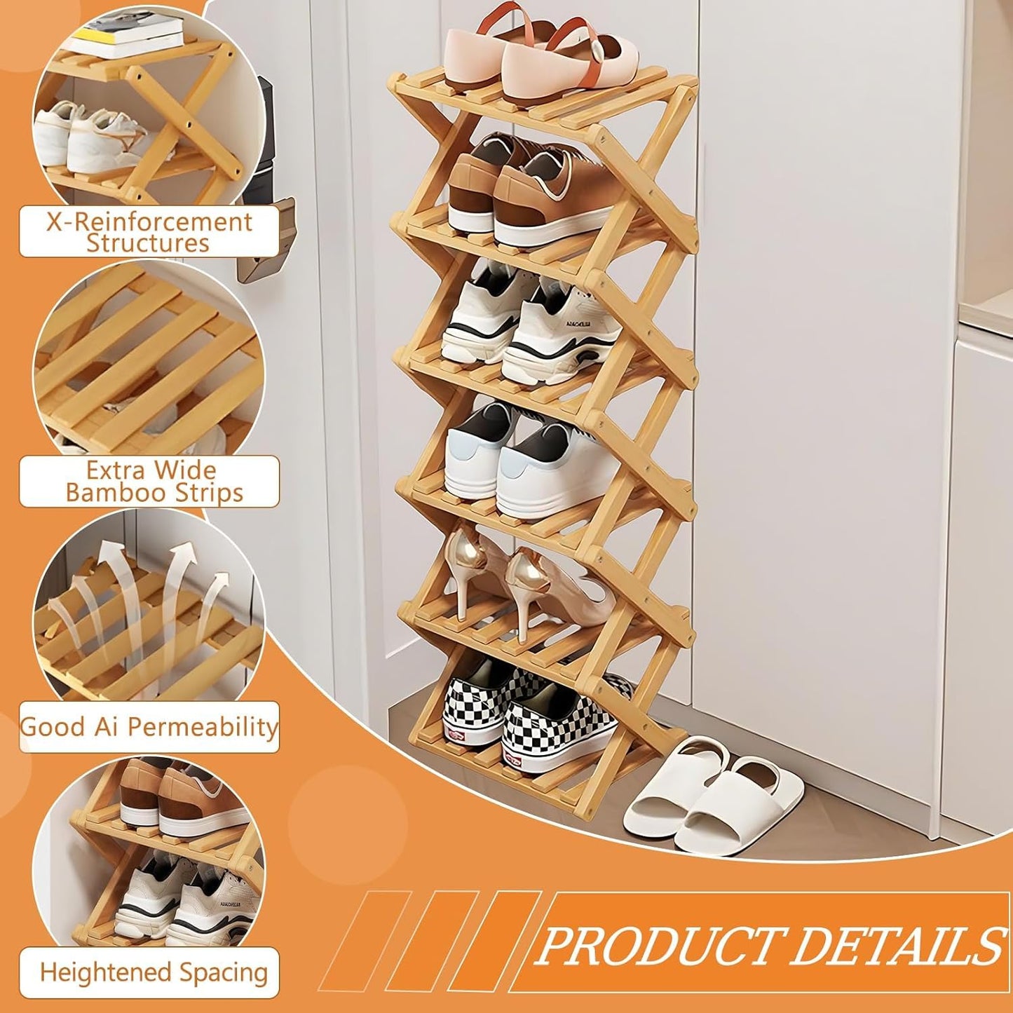 Kiss Me 4-Tier Foldable Bamboo Shoe Rack Vertical Narrow Entryway Organizer