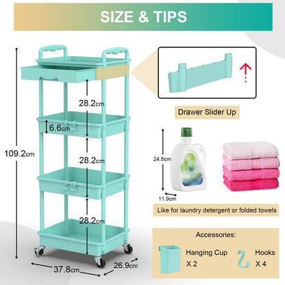 Yeabett 4 Tier Craft Trolley, Storage Trolley On Wheels Utility Cart With Drawer For Kitchen, Bathroom, Office, Living Room, Blue