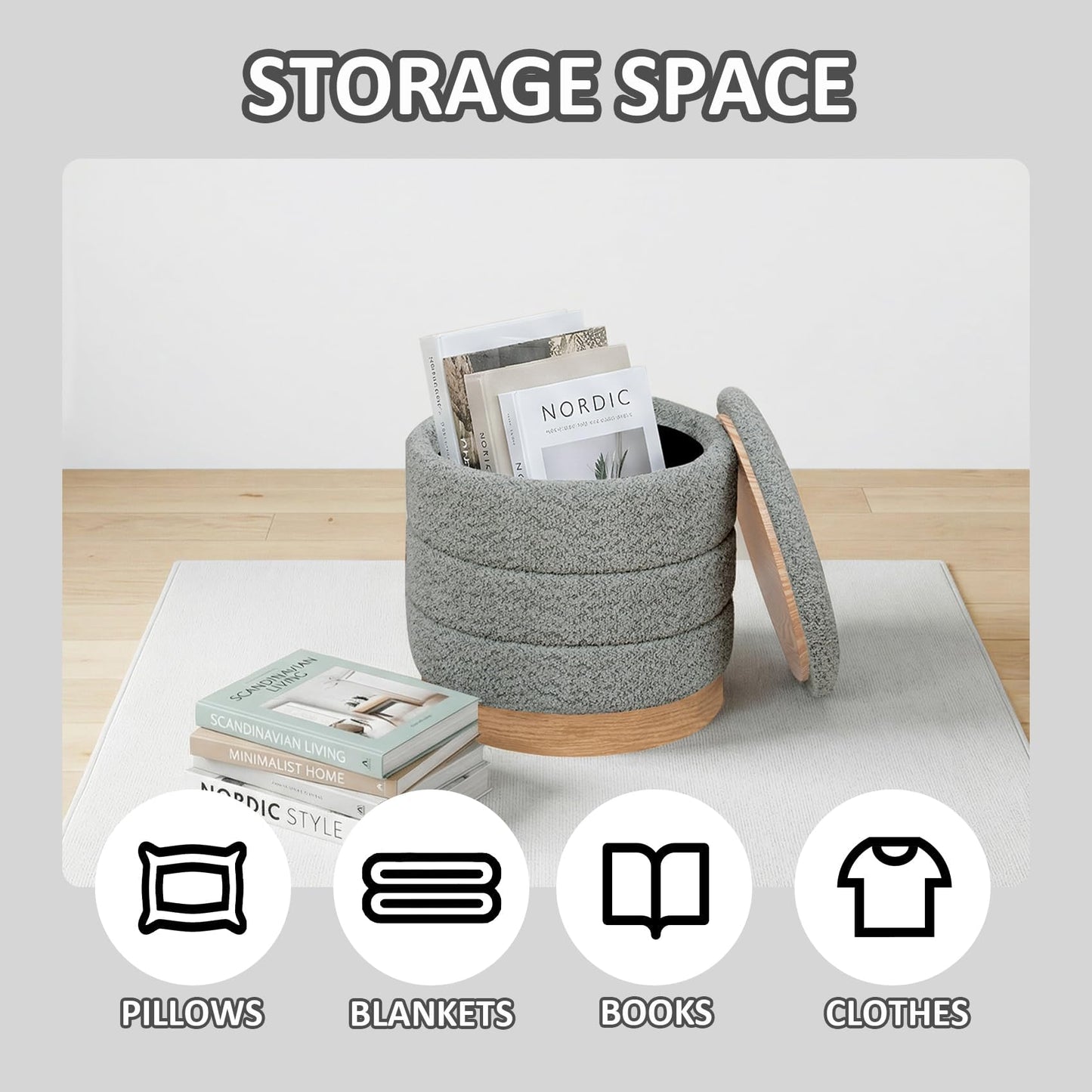 PINPLUS Round Chenille Storage Ottoman, Tray Top, 39x39x37 cm, Grey